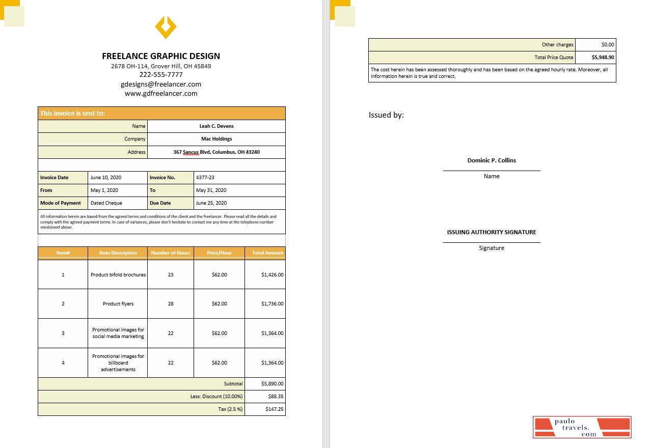 Free Freelance Hourly Invoice PSD template